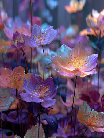 Discover an enchanting scene of vibrant flowers in a dreamlike garden, featuring soft color gradients and delicate petals that evoke tranquility and beauty.の素材