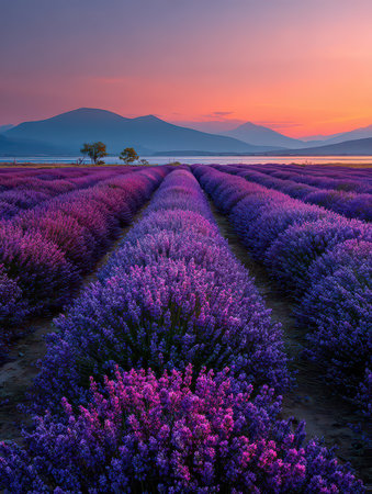 Experience the breathtaking beauty of a serene lavender field at sunset, with vibrant purple flowers stretching across the landscape, framed by majestic mountains.の素材