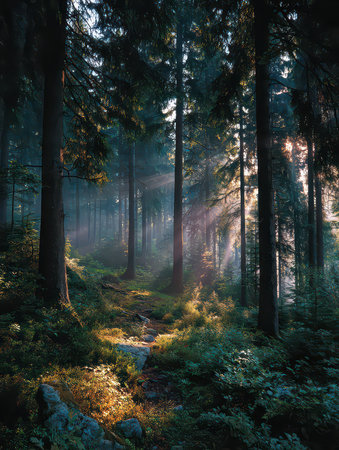A serene forest pathway illuminated by soft morning light filters through tall trees, creating a tranquil scene perfect for adventure or exploration in nature.の素材