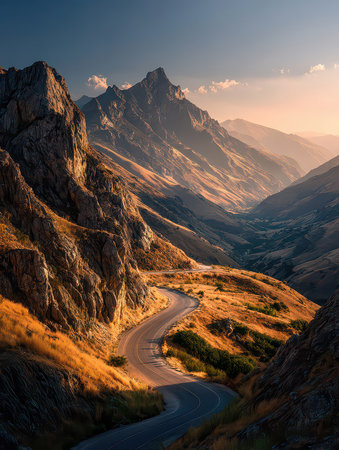 A picturesque winding road meanders through stunning mountain scenery at sunset, showcasing rich colors and natural beauty, perfect for travel inspiration.の素材