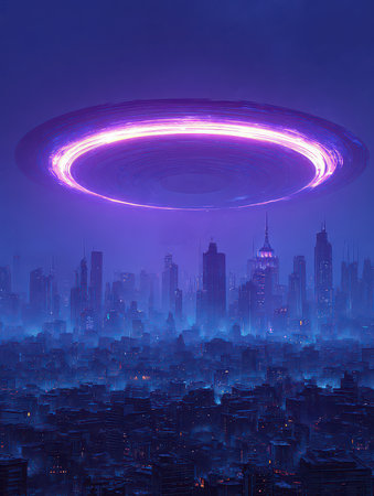 A stunning futuristic cityscape illuminated by a vibrant, purple light ring in the night sky. The blend of urban architecture and surreal elements creates a captivating atmosphere.の素材