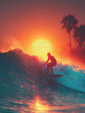 A captivating scene of a surfer skillfully riding a wave during a stunning sunset, complemented by palm trees against a vibrant sky. Perfect for adventure and ocean enthusiasts.の素材