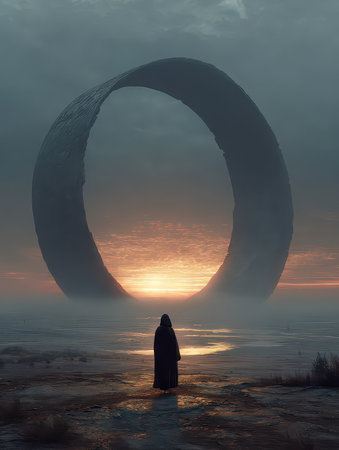 A solitary figure stands before an ethereal landscape, gazing at a vast circular portal at sunset. This surreal scene captures mystery and tranquility, inviting endless exploration.の素材