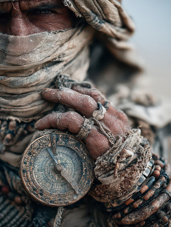 A close-up of a rugged traveler holding a weathered compass, dressed in layered desert attire. The image captures a sense of adventure and tradition.の素材