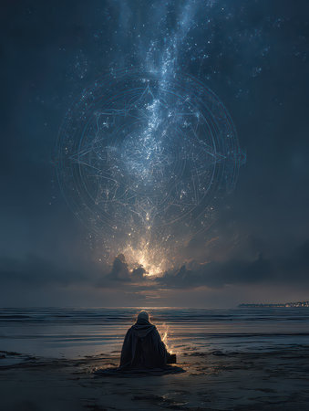 A serene scene of a mystic sage meditating by the ocean, illuminated by a dazzling starry sky. The celestial light creates a tranquil atmosphere of peace and wonder.の素材