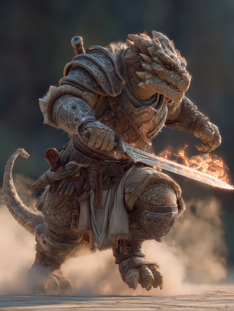 A powerful lizardman warrior charges forward with a fiery sword, clad in intricately designed armor. The dynamic pose captures the essence of battle in a vivid fantasy realm.の素材