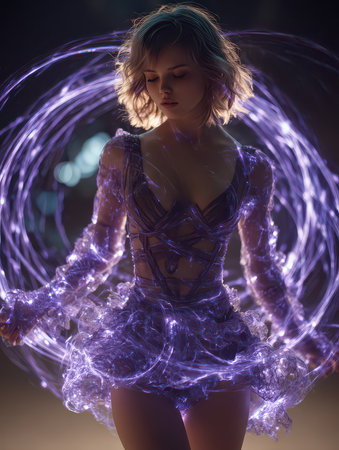 A mesmerizing dancer enveloped in a magical light display, showcasing elegance and grace. The captivating atmosphere highlights creativity and surreal beauty.の素材