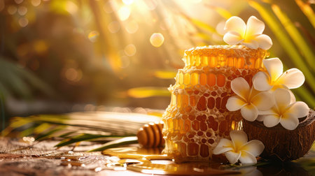 Delight in the beauty of stacked honeycomb surrounded by tropical flowers, illuminated by soft sunlight, capturing a serene and organic essence of nature.の素材