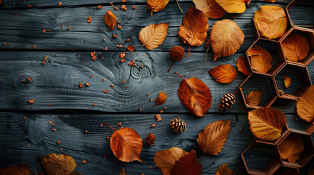A beautiful composition featuring vibrant autumn leaves, pine cones, and a wooden honeycomb arrangement on a rustic table, showcasing seasonal beauty and nature's bounty.の素材