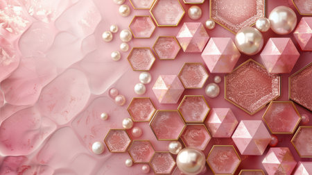 Discover a stunning arrangement of hexagonal and spherical shapes in soft pink tones, adorned with shimmering pearls. Perfect for fashion and beauty designs.の素材