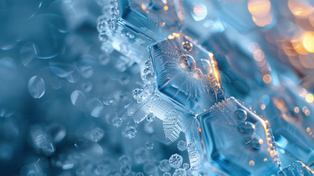 This striking close-up image showcases clear ice cubes with delicate bubbles against a blue backdrop, perfect for themes of refreshment and elegance.の素材