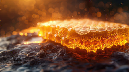 A mesmerizing close-up of a glowing honeycomb structure bathed in warm light. The texture reveals intricate details that capture the essence of nature's sweetness.の素材
