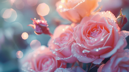 Soft pink roses adorned with glistening dew drops create a serene scene in nature. This image captures the delicate beauty and freshness of blooming flowers, perfect for various creative projects.の素材