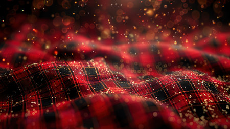 A stunning close-up of warm red and black checkered fabric adorned with glittery bokeh. This visually rich texture creates a cozy and festive atmosphere perfect for holiday themes.の素材