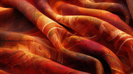 Captivating vibrant fabric in rich shades of red and orange, showcasing exquisite texture and intricate patterns, perfect for artistic and creative projects.の素材
