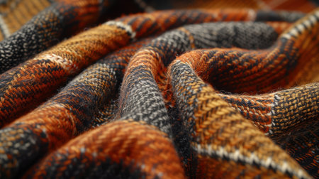 Close-up of a soft wool fabric displaying rich patterns in warm earthy tones, perfect for cozy interiors, fashion designs, and textile inspiration.の素材