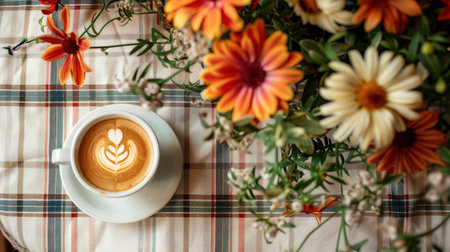 A lovely flat lay of a latte with art on a checkered tablecloth surrounded by vibrant flowers. Perfect for themes of relaxation, warmth, and cozy moments.の素材