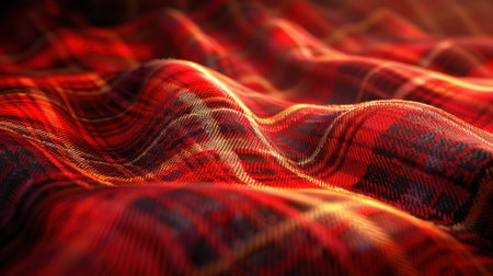 A close-up view of vibrant red plaid fabric, showcasing soft textures and warm lighting that creates a cozy and inviting atmosphere perfect for design projects.の素材