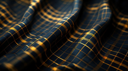 This image showcases an elegant black and gold checkered fabric, featuring intricate patterns and a smooth texture that exudes luxury and style. Perfect for fashion or decor.の素材