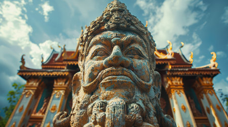 Explore this stunning stone statue of a guardian at a traditional Asian temple, showcasing intricate artistry and capturing serene beauty against a dramatic sky.の素材