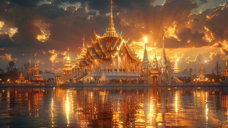 A breathtaking temple illuminated by the golden light of sunset, reflecting beautifully on calm waters. This serene scene captures the essence of cultural heritage and tranquility.の素材
