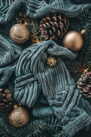 A cozy winter arrangement featuring knitted fabric, holiday ornaments, and natural pine elements. This scene evokes warmth and festive spirit during the seasonal celebrations.の素材