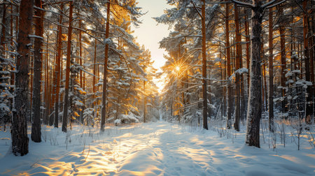 Experience the serene beauty of a winter landscape, featuring a snowy forest illuminated by the warm glow of a sunset, creating a peaceful outdoor atmosphere.の素材