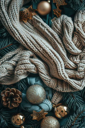 A beautifully arranged scene featuring cozy knitted scarves and festive decorations, creating a warm winter atmosphere perfect for holiday celebrations.の素材