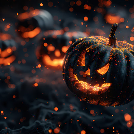 A glowing Halloween pumpkin with a grinning face against a backdrop of soft bokeh lights. Emphasizes the festive spirit and autumn atmosphere. Perfect for seasonal decorations.の素材
