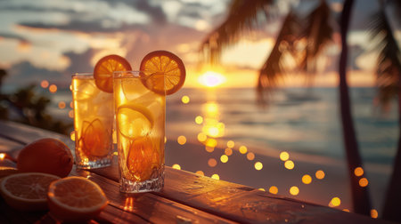 Two refreshing citrus cocktails sit on a wooden table, with a vibrant sunset casting a warm glow over a tropical beach scene, creating a perfect relaxation atmosphere.の素材