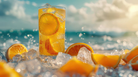 A vibrant glass of citrus drink with lemon slices and ice sits on a sunny beach, surrounded by oranges, embodying summer refreshment and relaxation.の素材