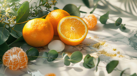 A beautiful arrangement of fresh citrus fruits, featuring whole oranges and sliced segments, accented with green leaves. The soft light creates an inviting atmosphere, perfect for food styling.の素材