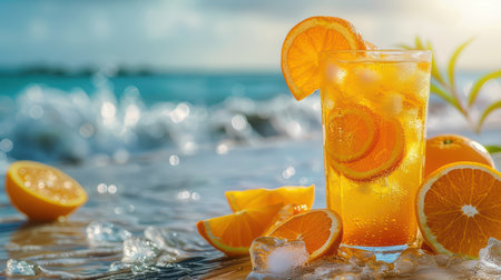 A vibrant glass of orange drink sits on a sandy beach, surrounded by ice and fresh orange slices. The ocean waves sparkle in the background, creating a refreshing and summery atmosphere.の素材