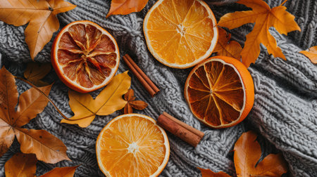 A cozy autumn flat lay featuring dried oranges and vibrant fall leaves, accompanied by cinnamon sticks. Perfect for seasonal decoration and inspiration.の素材
