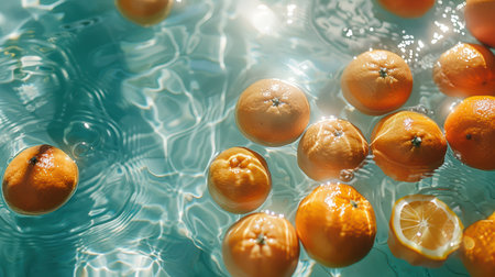 A vibrant scene featuring oranges floating gracefully in a clear pool, illuminated by sunlight. This refreshing summer image evokes a sense of relaxation and natural beauty.の素材