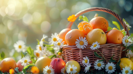 A vibrant wicker basket filled with fresh fruits like oranges, apples, and lemons, surrounded by delicate daisies, capturing the essence of nature's bounty.の素材