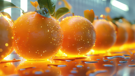 This captivating image showcases fresh oranges with glistening water droplets. The vibrant citrus fruit is beautifully arranged, radiating freshness and vitality, perfect for food photography.の素材