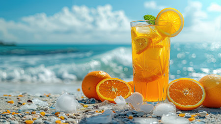A vibrant citrus drink garnished with orange slices sits on a sandy beach, surrounded by fresh oranges and ice, capturing the essence of summer relaxation.の素材
