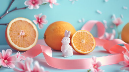 This delightful spring-themed arrangement features a cute rabbit figurine surrounded by fresh oranges and pink ribbons, creating a joyful and vibrant atmosphere.の素材