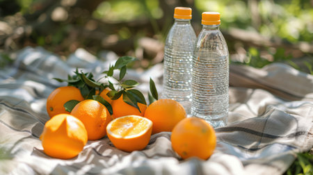A serene setup featuring fresh oranges alongside water bottles on a blanket, capturing the essence of nature and healthy living in a vibrant outdoor scene.の素材