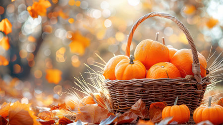 A rustic basket filled with bright orange pumpkins surrounded by golden autumn leaves. This idyllic scene captures the essence of harvest season, perfect for seasonal inspiration.の素材