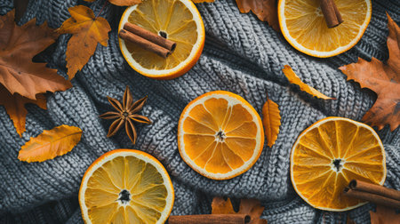 A vibrant arrangement of orange slices, autumn leaves, and spices on a cozy knit background, creating a warm and inviting seasonal atmosphere perfect for fall-themed designs.の素材