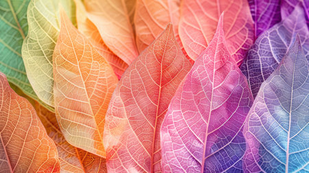 A stunning arrangement of colorful transparent leaves forming a vibrant pattern. This artwork showcases the beauty of nature with its delicate textures and harmonious colors, creating an artistic backdrop.の素材