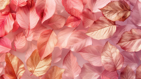 An enchanting arrangement of pink and rose gold leaves creates a stunning abstract background perfect for creative projects, showcasing nature's beauty in a modern aesthetic.の素材