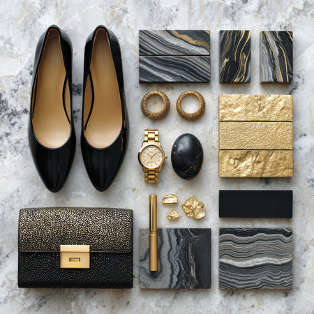 A sophisticated arrangement of black high heels, gold accessories, and textured elements on a marble surface captures elegance and style in fashion photography.の素材