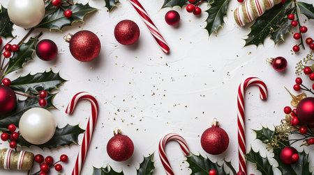 This image showcases a vibrant arrangement of Christmas decorations, featuring holly leaves, shiny red baubles, and colorful candy canes on a bright background.の素材