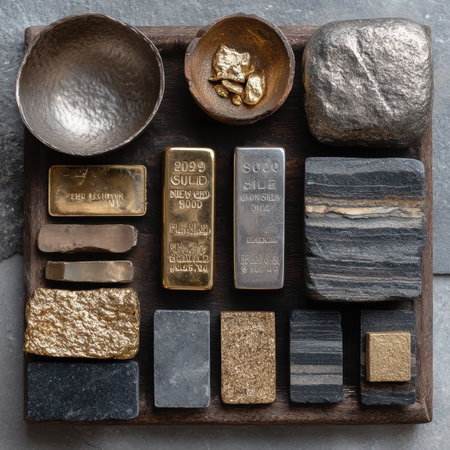 A stunning flat lay featuring a variety of metallic finishes, including gold and silver, displayed on a wooden tray. This artistic arrangement highlights the textures and colors, perfect for home decor and design inspiration.の素材