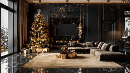 Sophisticated living room decorated for the festive season, featuring an elegant Christmas tree, plush seating, and a cozy atmosphere. Embrace holiday warmth.の素材
