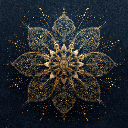 This stunning artwork features a detailed golden mandala set against a deep blue background. Perfect for conveying elegance and tranquility in design projects.の素材