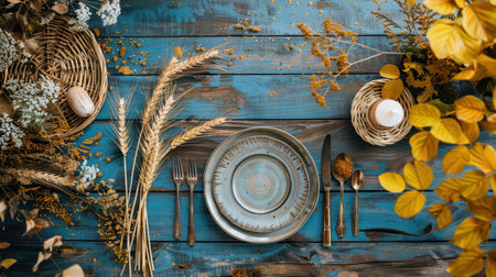 A beautifully styled table setting featuring an elegant plate, cutlery, and autumn leaves. The rustic wooden background enhances the warm ambiance, perfect for gatherings.の素材